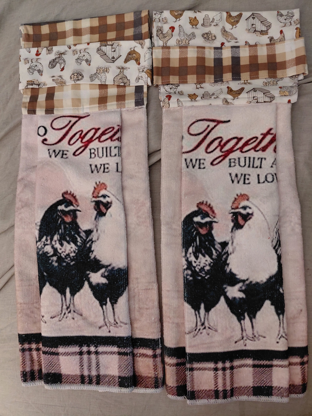 Handmade Farmhouse Rooster "Together We Built" Hanging Kitchen Towel Set 2-Pc